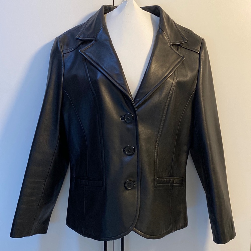 CANADIAN Leather Jacket Black Tailored EUC Sz 14 Large Leonardos Blazer Buttons